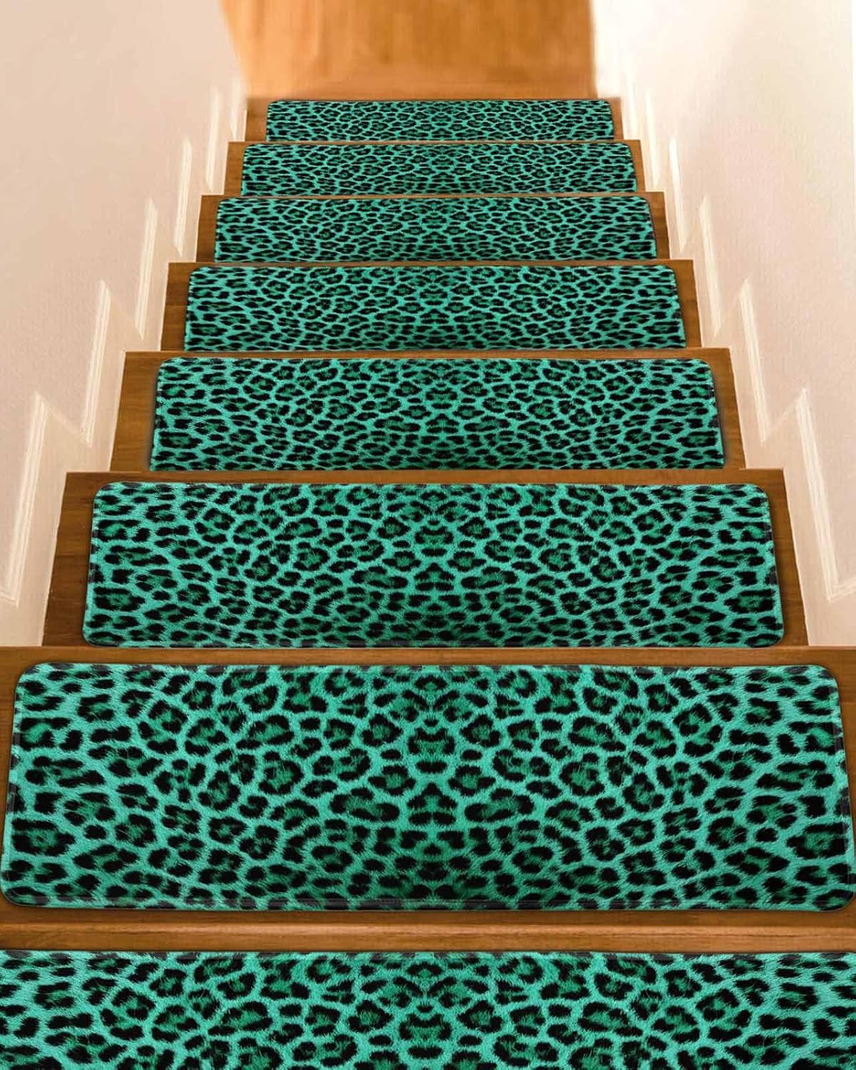 Green Leopard Print Stair Treads for Wooden Steps Indoor Runner Rug Carpet, Farmhouse Abstract Animal Patterned 10 Pieces Peel and Stick Staircase Step Treads Covers Washable Throw Door Mats, 30"x8"