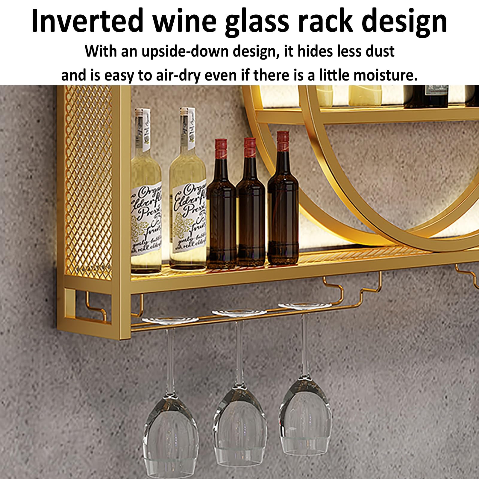 Botellero Con Luz LED Montado En La Pared, Botellero Estanterias Colgantes Con Soporte Copas Colgante Y Luz LED, Estante De Vino Montado En La Pared Para Cocina Bodega Bar Salón(Gold,160*15*80)