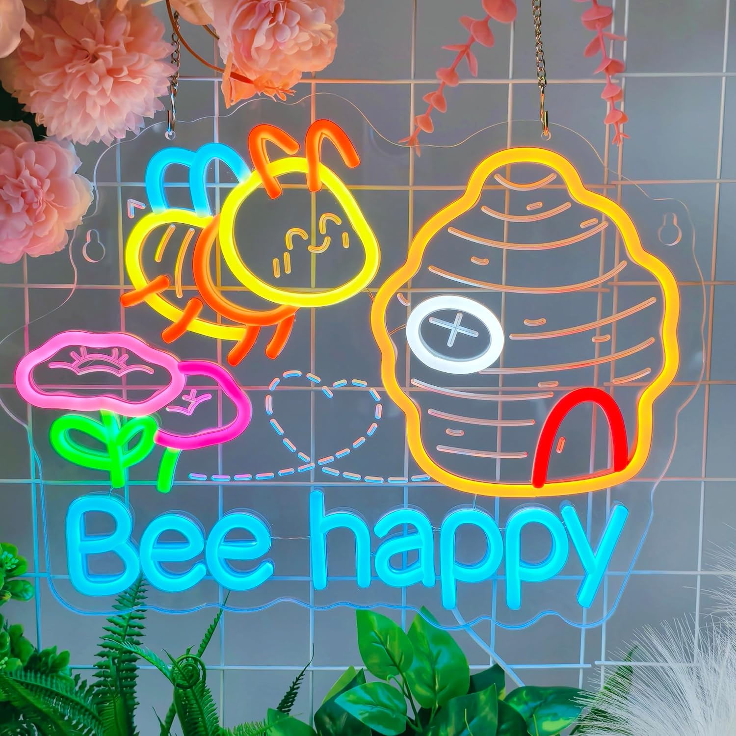 Bee Happy Neon Sign, Neon Lights Hanging Wall Art Decoration for Restaurant Shop House Bar Cafe Party Bedroom Home Decor, USB Powered Ultra Bright Dimmable,16.14×12.6inches