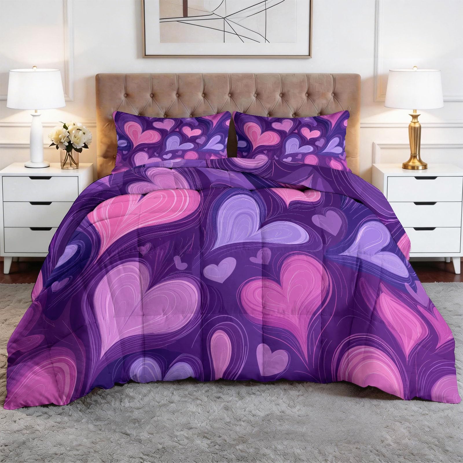 Copripiumino senza copertura con cuori rosa e viola per coppie super king estivo, copriletto trapuntato in microfibra con cartoni animati, set di piumini morbidi e traspiranti