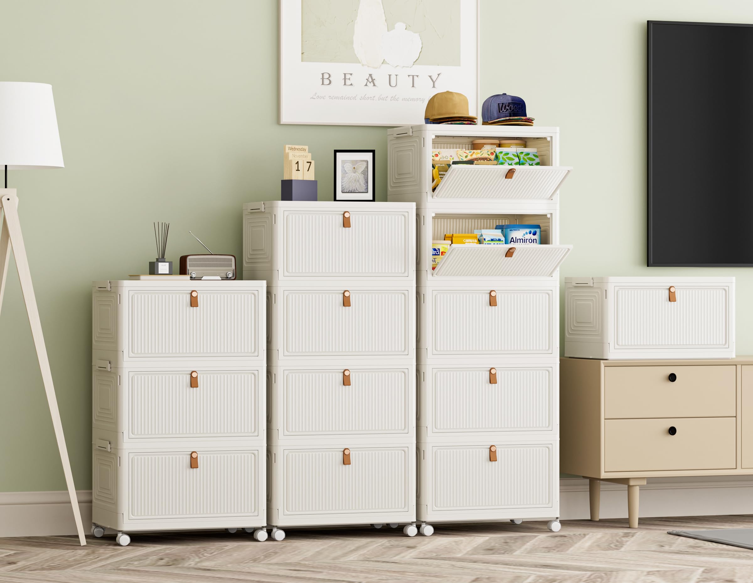 HOMIDEC Boîte Rangement Plastique avec Roues, Meubles de Rangement avec Couvercle, Caisse Rangement Pliante, 33L, 3 Pièces, Convient pour Ranger des Collations, des Jouets, des Vêtements, Laité