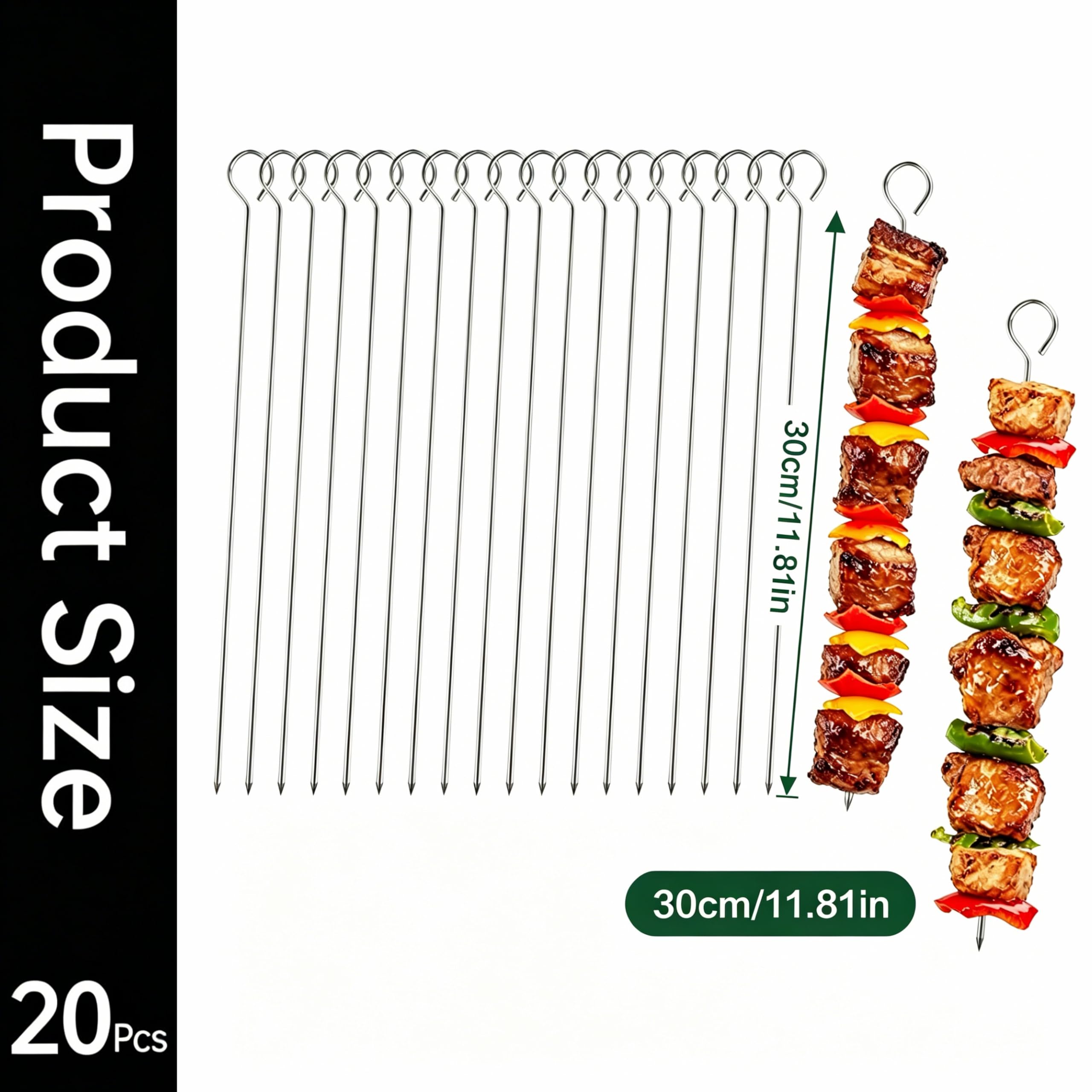 20 PCS 304 Stainless Steel BBQ Kebab Skewers with Storage Bag, 11.81"/30cm Reusable Metal Skewers for Oven, Grill & Turkish Shish, Adana, Kofte — view 4