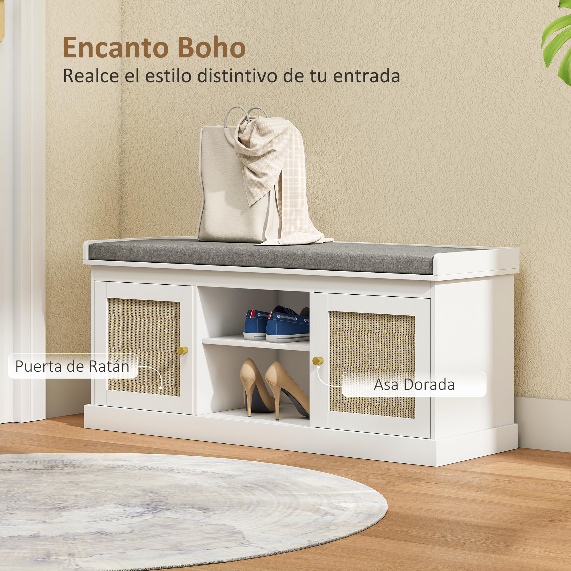 HOMCOM Banco Zapatero con Asiento Acolchado Bohemio 105x35x47 cm Blanco | Mueble Zapatero, Banco Recibidor, Puertas Frentes de Ratán, Estante Abierto, Estante Ajustable, para 9 Pares de Zapatos