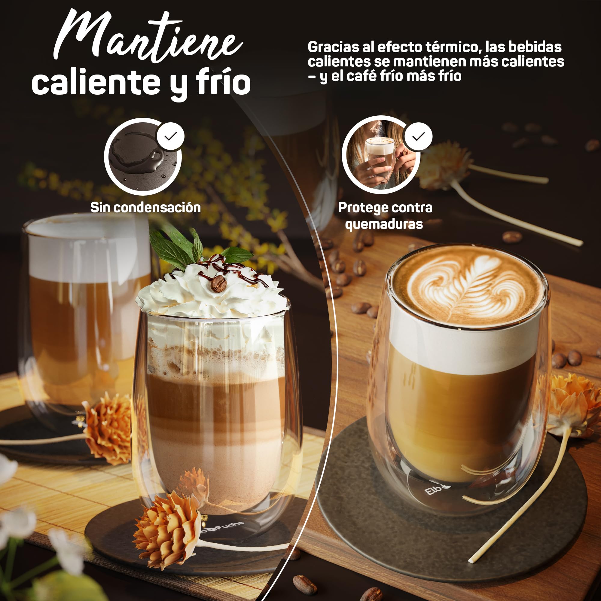 Juego De 4 Vasos De Doble Pared Para Café Latte - 400 Ml, Con Cucharas, Vidrio Borosilicato Resistentes