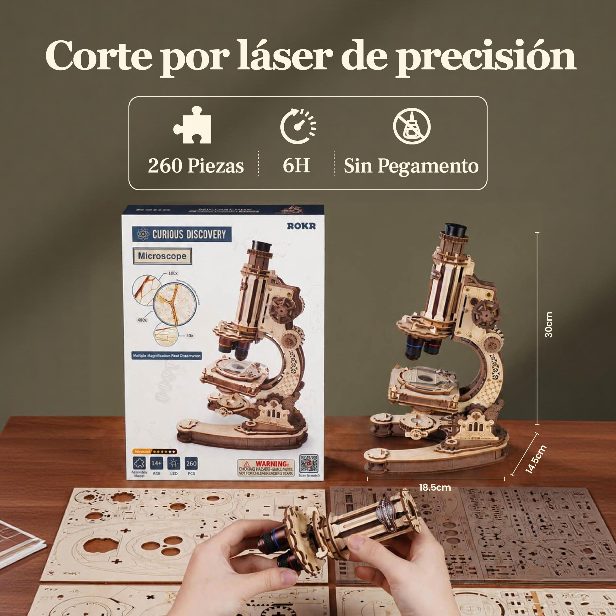 ROKR 400x Microscopio Funcional 3D Puzzle de Madera para Adultos,ST005 | Juguete Científico STEM, Regalo para Adultos y Adolescentes
