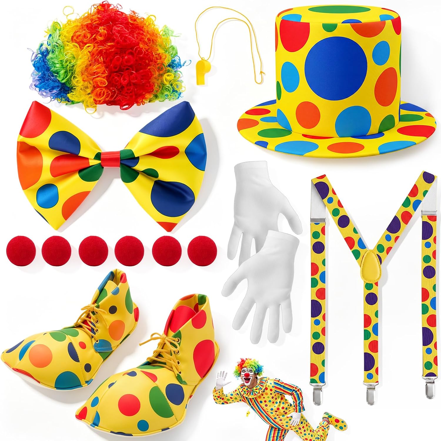 SATINIOR 13 Pcs Clown Costume Accessories Set - Includes Polka Dot Clown Shoes, Wig, Hat, Suspenders, Whistle, Gloves, Bow Tie, and Red Noses for Adults Halloween Carnival Party Cosplay
