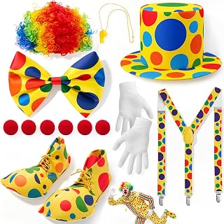 SATINIOR 13pcs Rainbow Dot Clown Costume Accessories Outfit for Halloween | Adults Polka Dot Clown Shoes, Wig Hat, Suspenders Bow Tie, Whistle, 6 Red Noses, Rainbow Halloween Carnival Cosplay Set Party