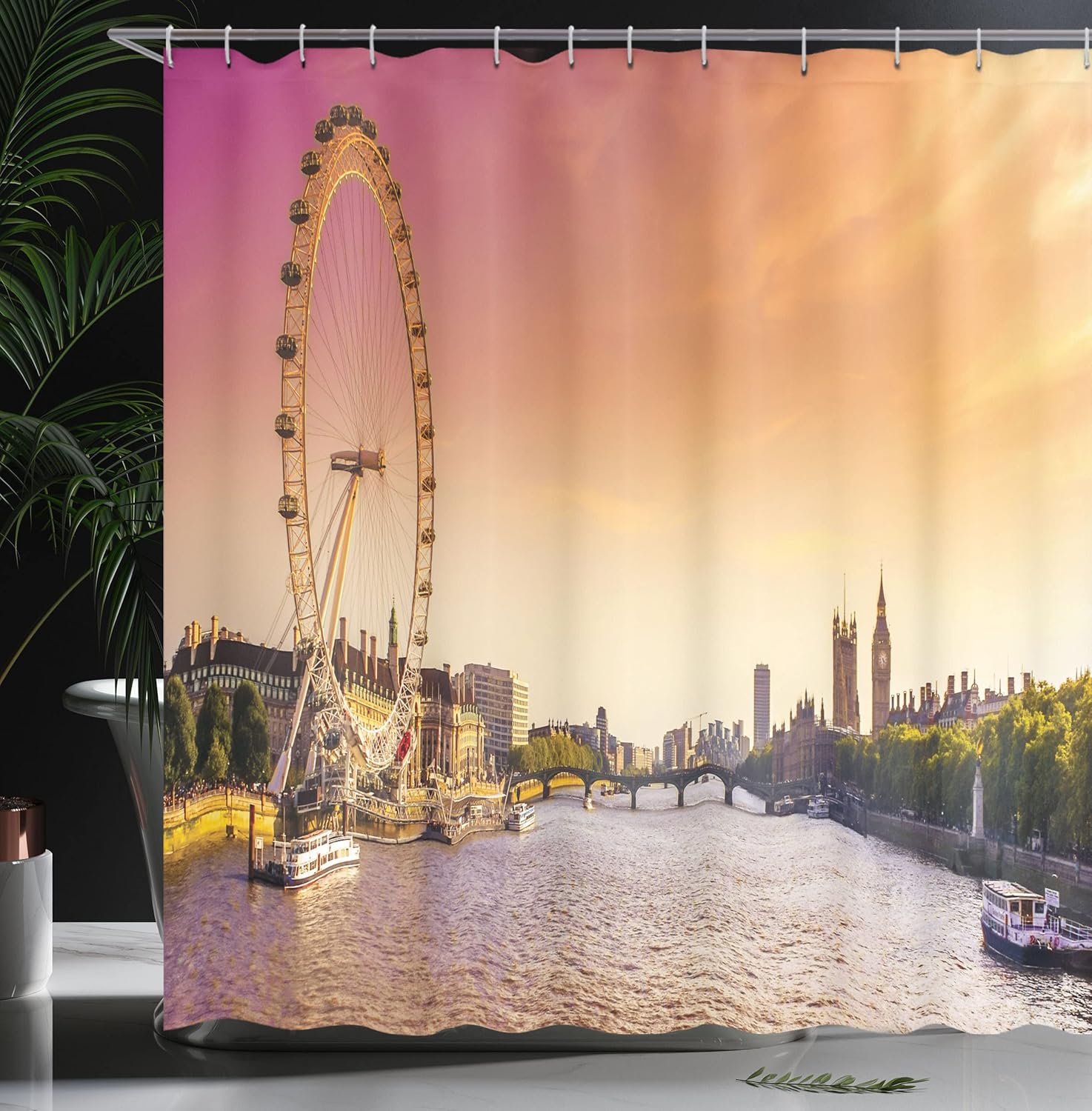 Ambesonne London Shower Curtain, Sunset View Bridge on Thames River Ferris Wheel London Eye Big Ben Westminster, Cloth Fabric Bathroom Decor Set with Hooks, 69" W x 75" L, Peach and Pink