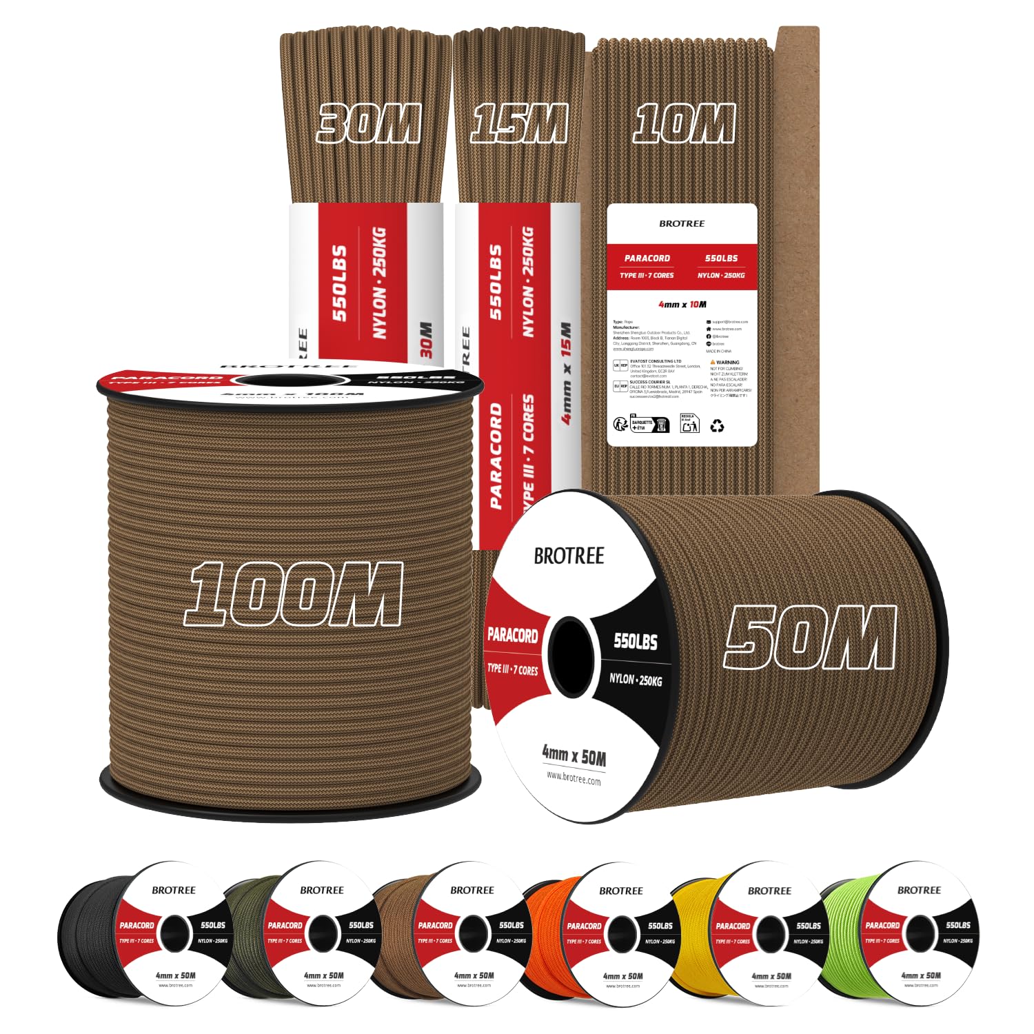 Brotree 4mm Paracord 550 50M 100% Nylon Rope 7 Strands Type III Parachute Cord for Outdoor and DIY - 250kg Breaking Load (Mud Brown)