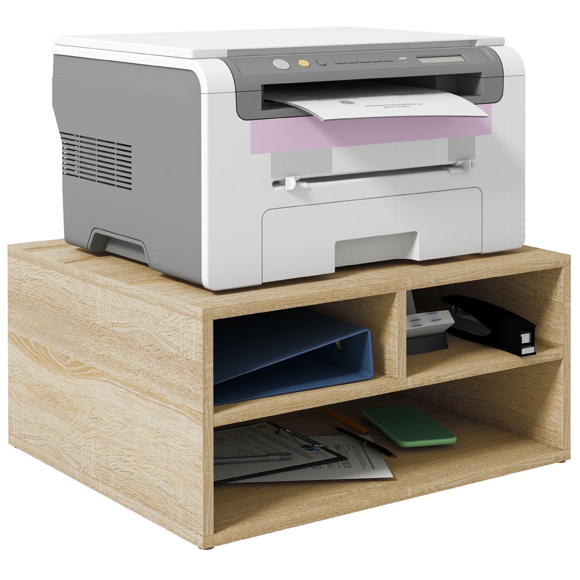 HOMCOM Support Imprimante Caisson de Bureau Meuble de Rangement pour Bureau avec 3 Compartiments Organisateur de Bureau 47 x 40 x 22,​5 cm, Effet Bois Naturel