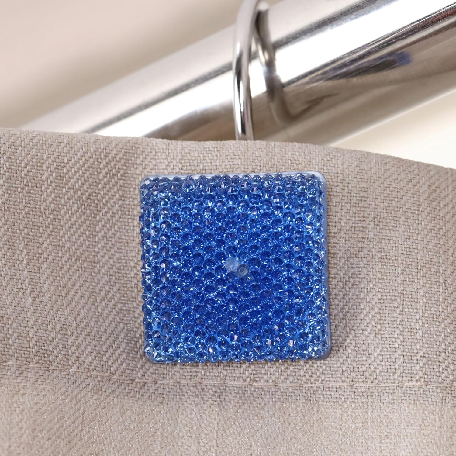 Blue Shower Curtain & Blue Square Shower Curtain Hooks - 72x72 Waterproof Washable Sparkle Glitter Fabric Shower Curtain - 12 PCS Rust Proof Metal Shower Curtain Rings (2 Item Bundle)