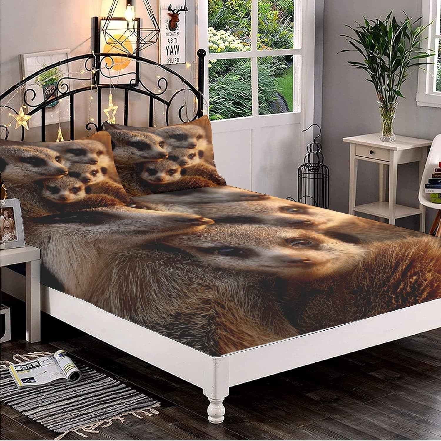 Lot de 3 Draps Housses 200x200 cm Animaux Suricates Doux et Respirant Parure de Lit Draps Housses Brun avec 2 Taies d'oreillers, pour Enfant Adolescent et Adulte