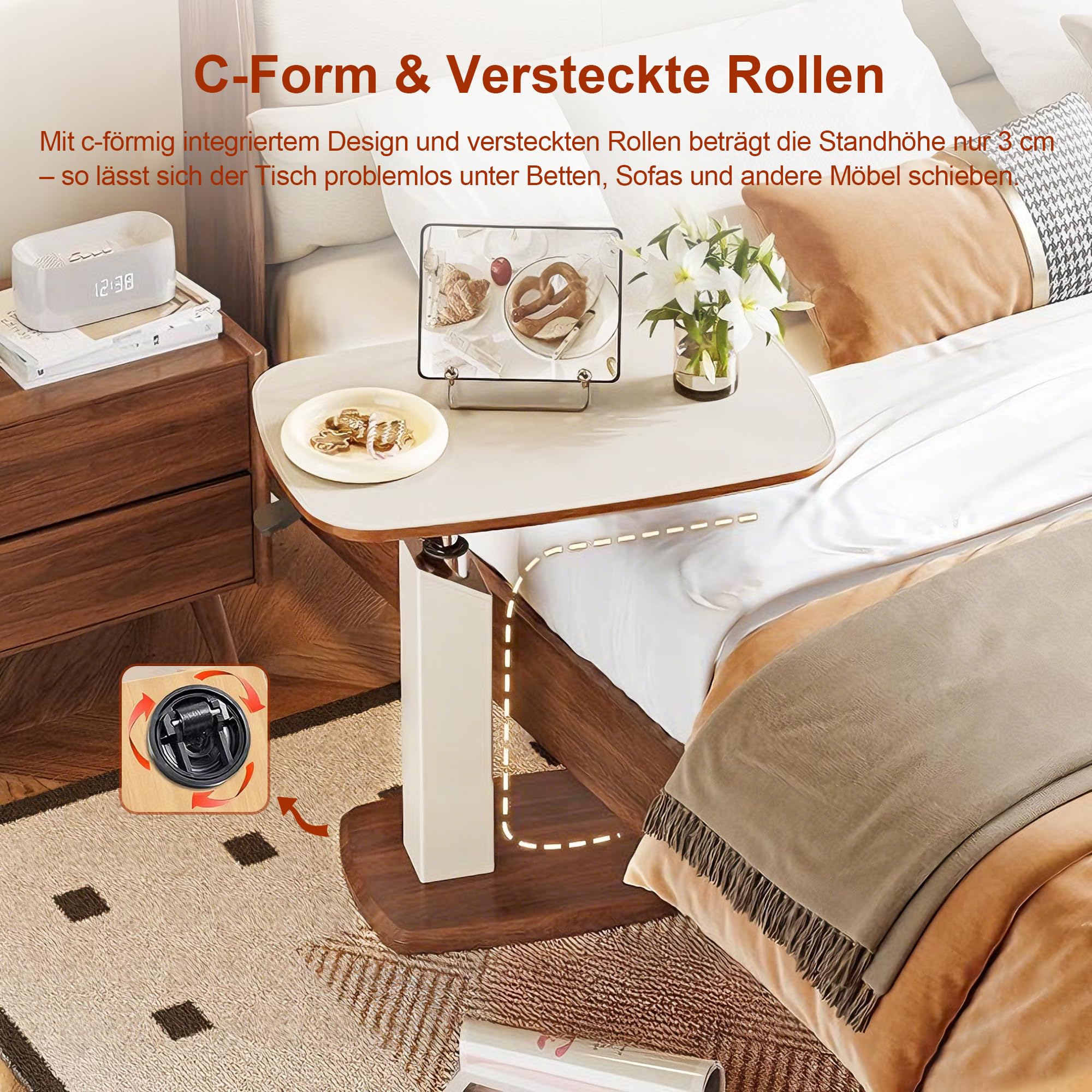 Höhenverstellbarer Beistelltisch mit Versteckten Rollen & Pneumatik, Kleiner C-Form Betttisch Sofatisch mit 360° Drehbar, Holz Side Table für Wohnzimmer, Laptoptisch für Couch Sofa Bett