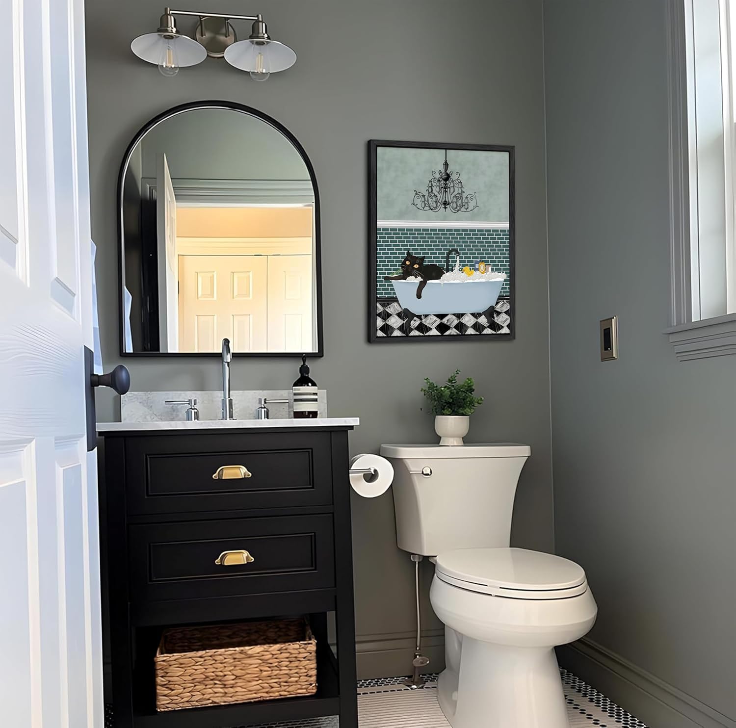 3Pcs Funny Bathroom Black Cat Canvas Wall Art Vintage Cat Taking Bath Reading Newspaper Poster Print Modern Blue Bathroom Decor Pictures Painting for Toilet Laundry Room Artwork Decorations Unframed - Image 5