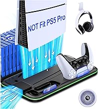 Soporte delgado para PS5/PS5 y estación de refrigeración con estación de carga de controlador para Playsation 5, kit de accesorios para PS5 que incluye ventilador de refrigeración de 3 niveles, LED