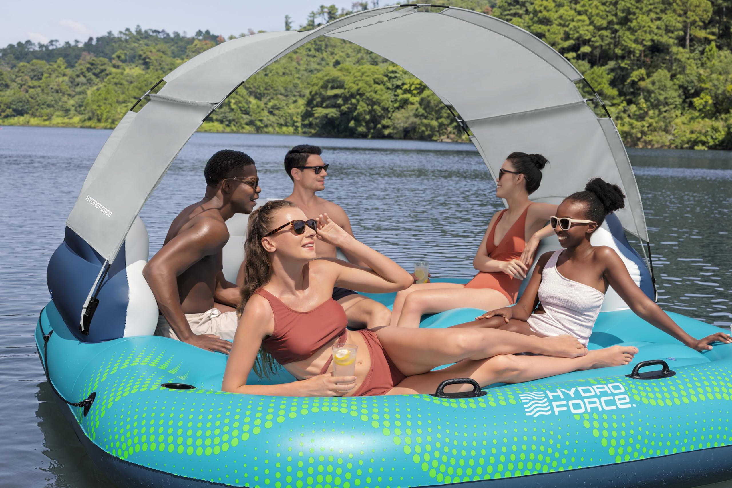 Bestway Hydro Force Badeinsel für 5 Personen 280x257x81 cm – XXL Sonnenlounge aufblasbar mit Sonnendach & Getränkehalter, Schwimminsel für Pool & See, belastbar bis 500 kg