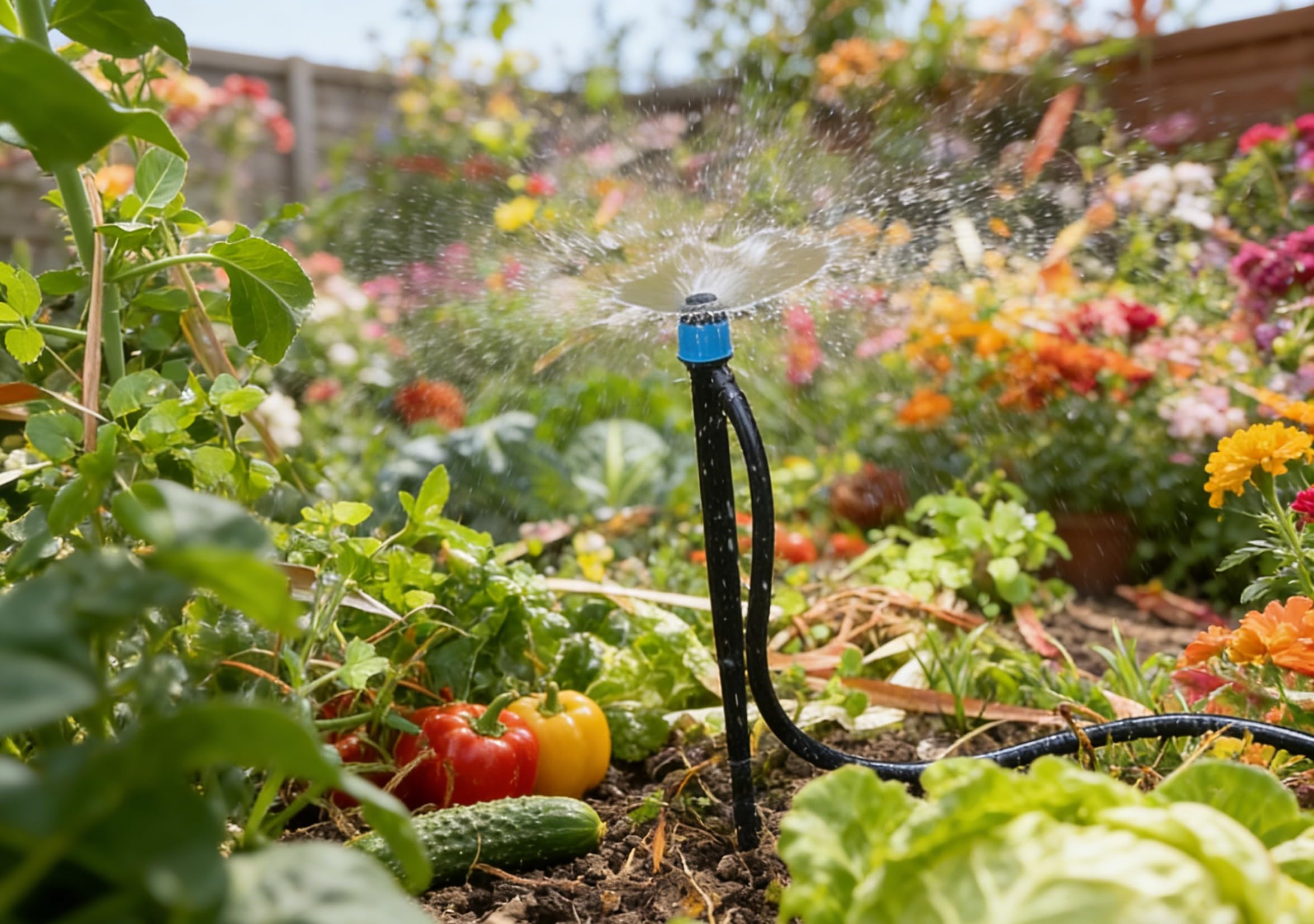 Paquete de 50 emisores de riego por goteo, ajustable, gotero de riego de 360 grados, patrón de círculo completo, burbujeador de flujo de agua con estaca para manguera de riego de 1/4