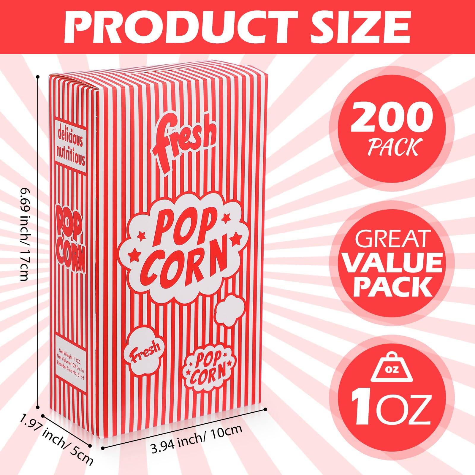Ireer 200 cajas de palomitas de maíz para fiestas de películas a granel, contenedores de palomitas de maíz cerrados, cajas de papel a rayas rojas y blancas para máquina de palomitas de maíz, teatro,