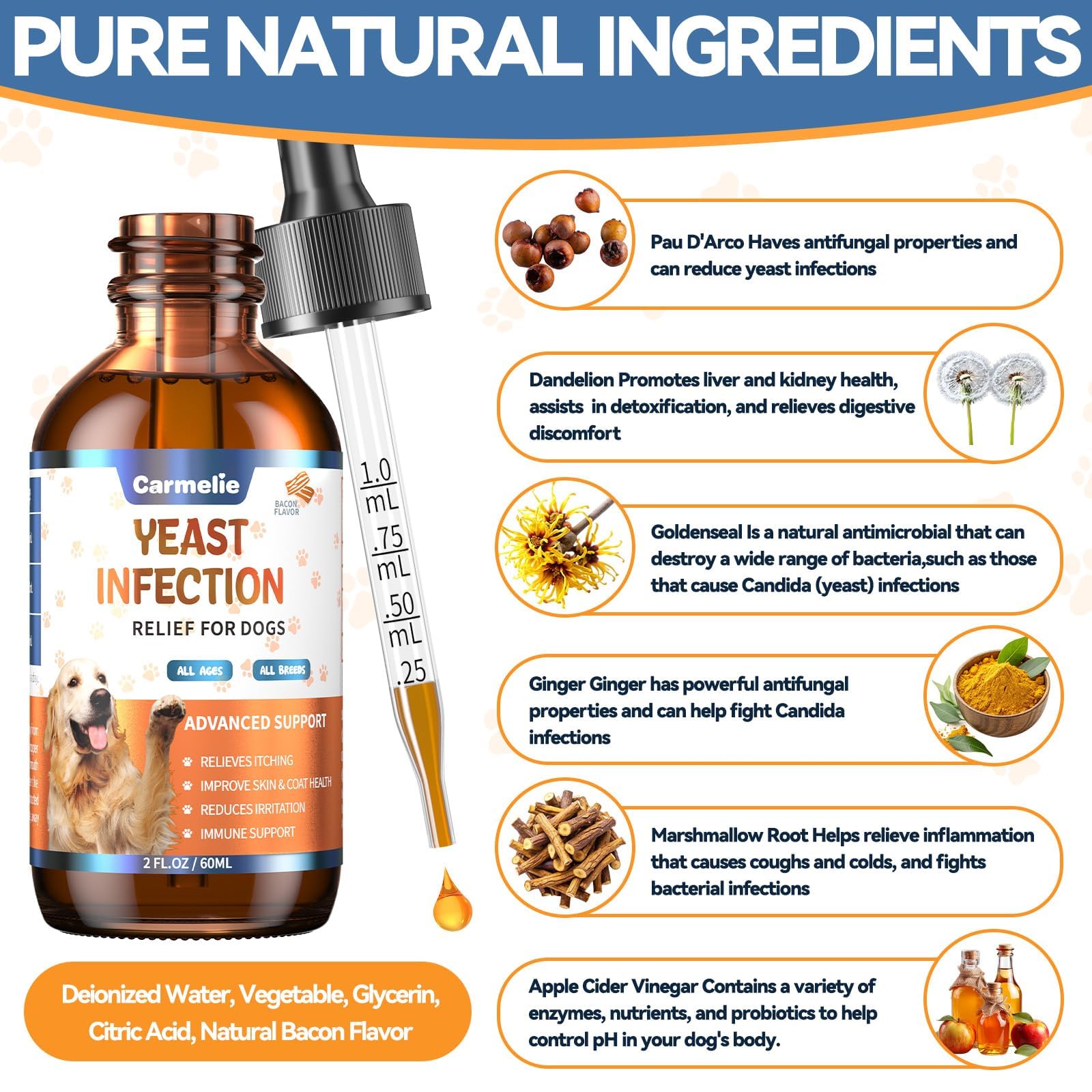 Natural Yeast Relief for Dogs, Support Healthy Itch Relief, Ear Paw Discomfort Care, Itch Relief for Dog, Allergy Supports, Inflammation Relief for Dogs, 60ml Bacon Flavor - image 5