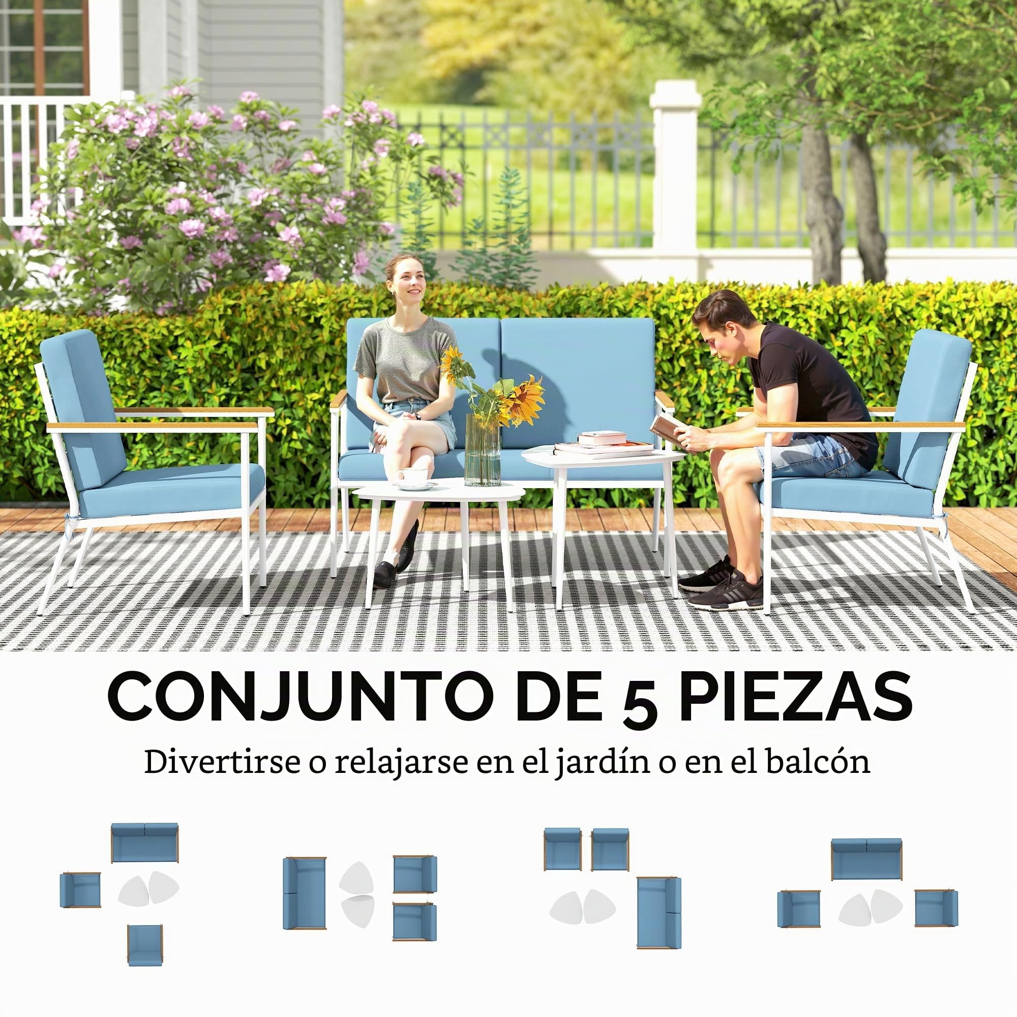 Outsunny Exterior Set de Jardín y Balcón 4 Personas Azul Claro | 5 piezas: sofá, 2 sillones, 2 mesas de café de vidrio templado, cojines incluidos, muebles de jardín para patio, terraza