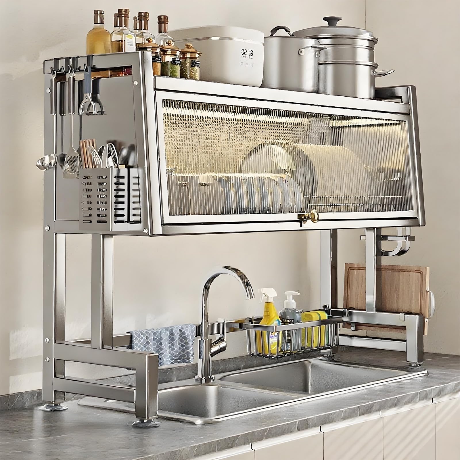 JHDXL Scolapiatti da Appoggio, Sopra la Griglia di Scolapiatti per Lavello, Organizzatore con Porta Utensili, per Bancone Della Cucina(95cm/37.4in)