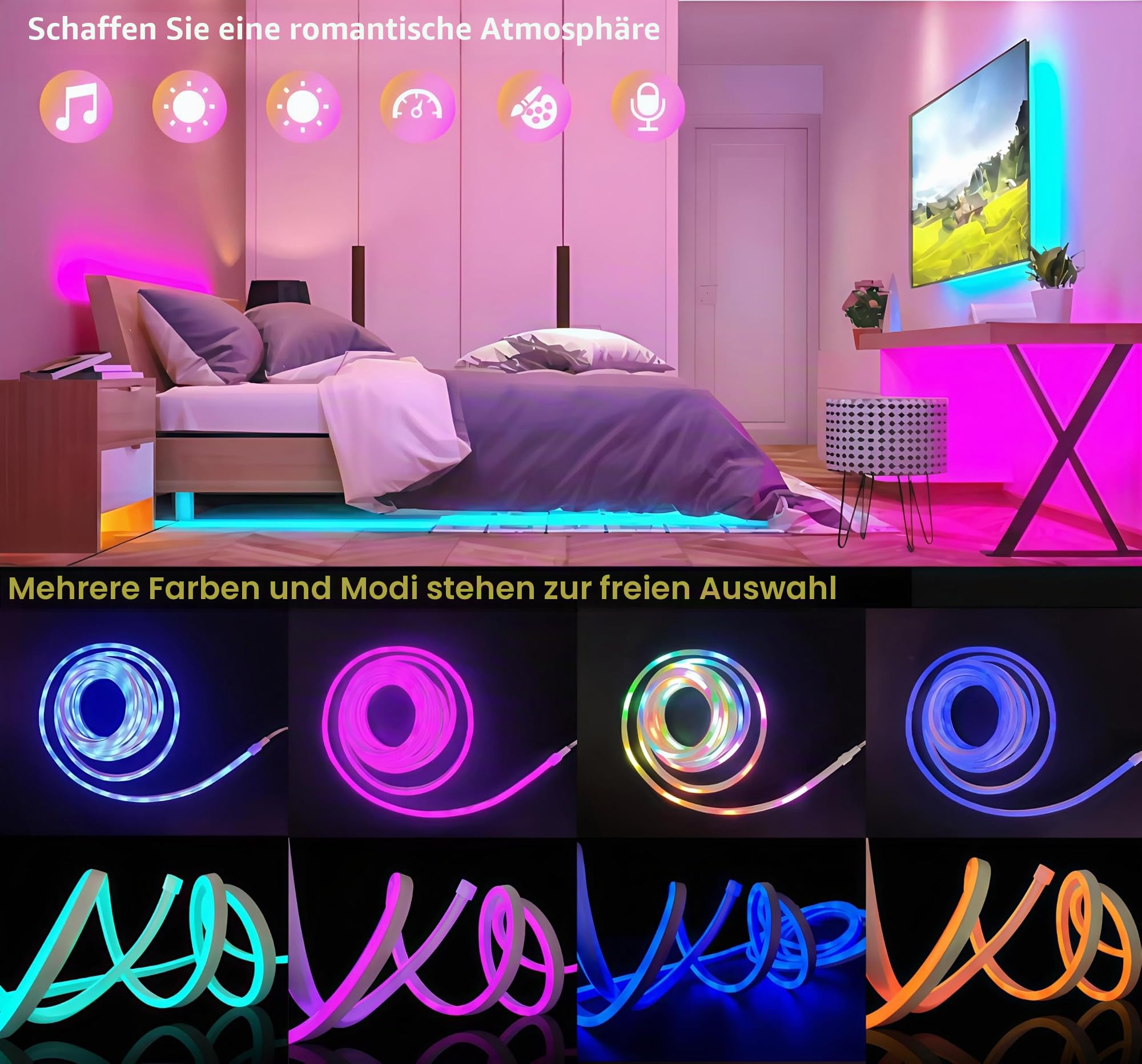 LED Neon RGB Lichtstreifen 5 m, App-Steuerung & Fernbedienung, Musikmodus, RGB-IC, IP65, flexibler mehrfarbiger LED Strip für Schlafzimmer, TV-Wand und Gaming Zimmer