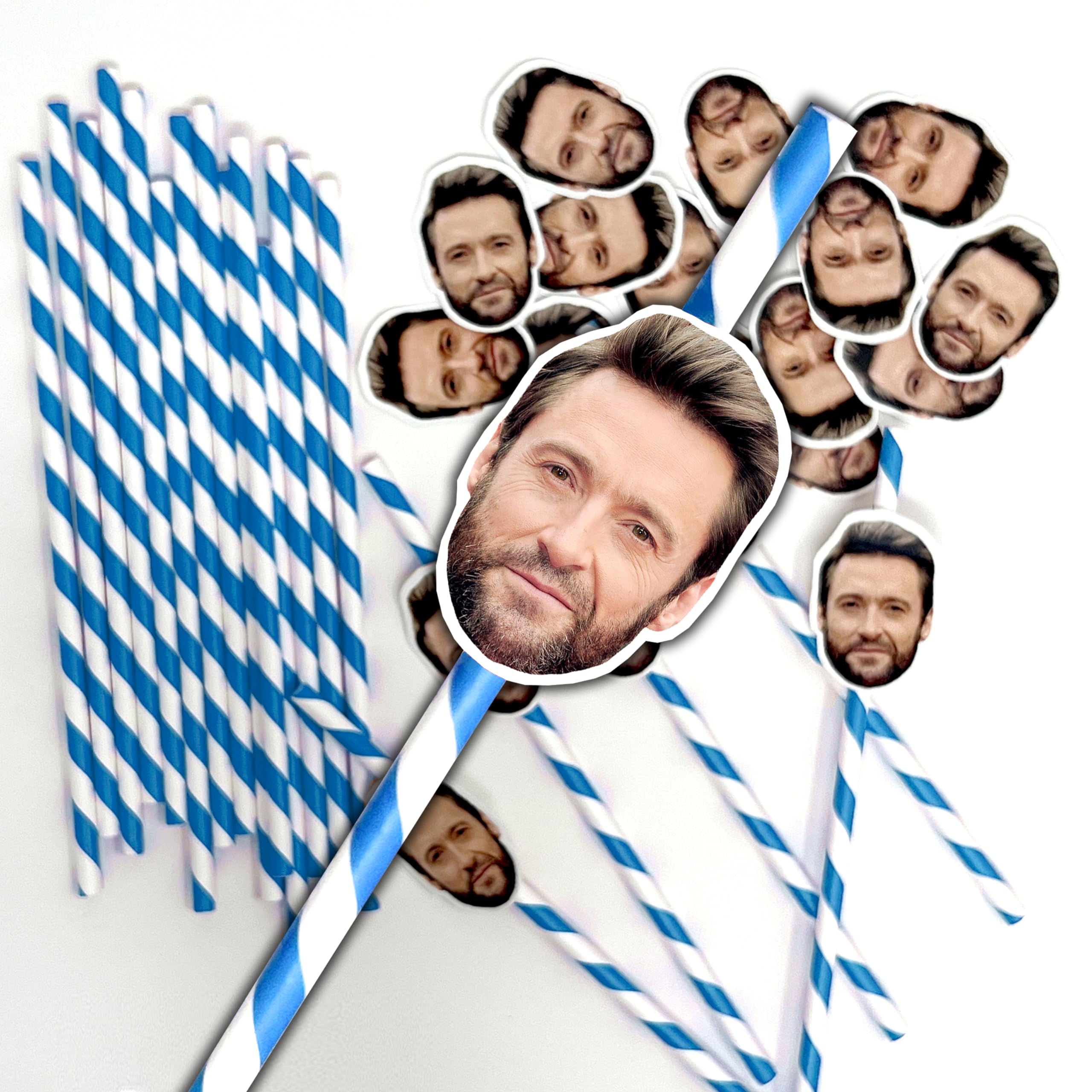 20 Personalised Photo Face Straws - Custom Cut-Outs of face of Your Choice, Complete with Straws and fixings for You to Attach Yourself - Fun for Hen Party, stag do, Birthday etc (20 Straws) - Blue