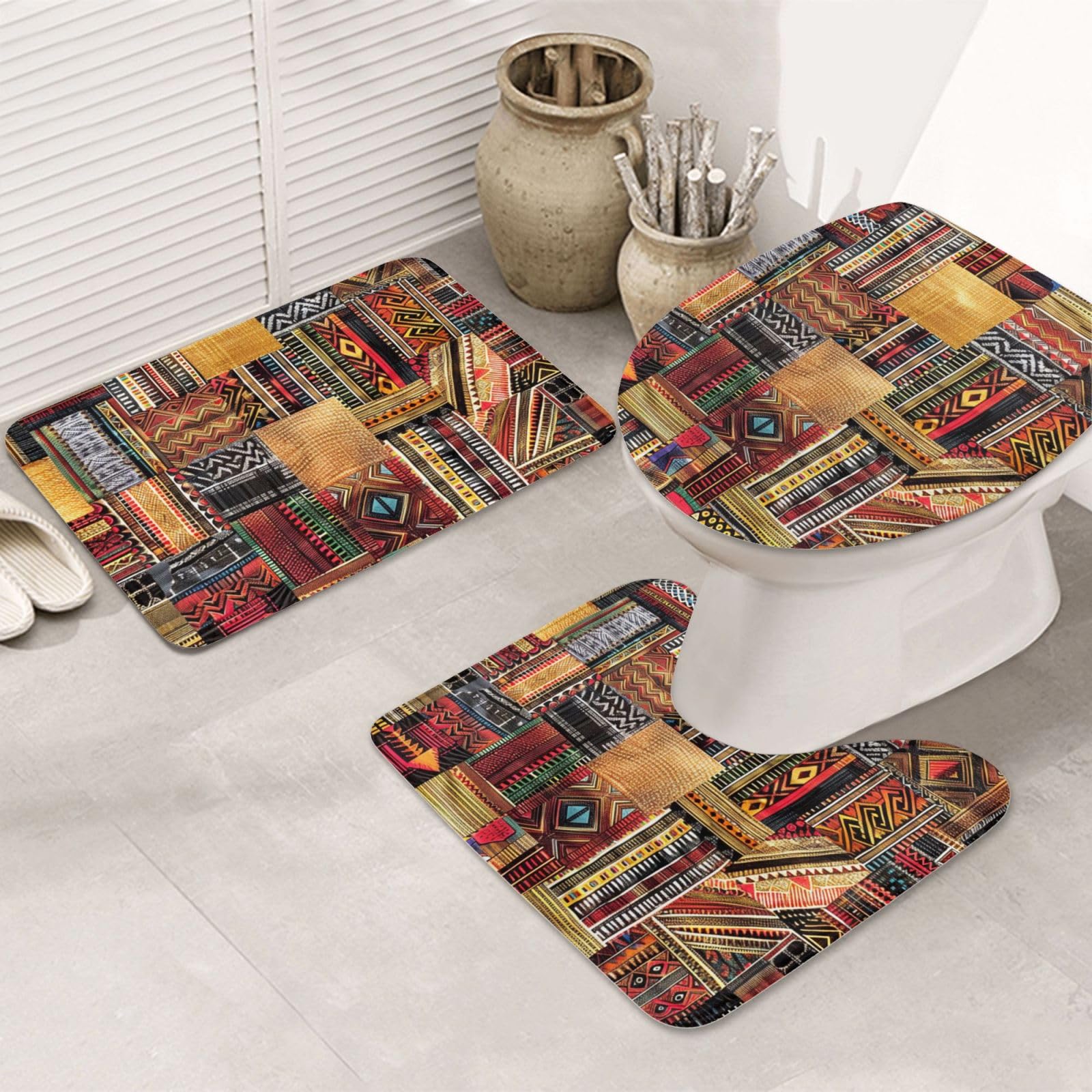 Tapis de bain 3 pièces en flanelle imprimé patchwork africain tapis de bain + tapis contour + housse de siège de toilette, tapis de bain absorbant antidérapant
