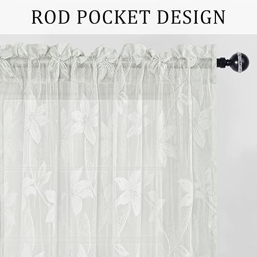 Miniatura 2 de DWCN Paquete de 2 cenefas de encaje floral blanco marfil para cocina, 52 x 18 pulgadas, con bolsillo para barra, cortina de gasa para ventana