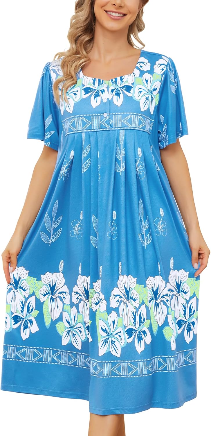 Bloggerlove Nightgown for Women Hawaiian Muumuu House Dress Print Lounger Patio Dress with Pockets Moomoo