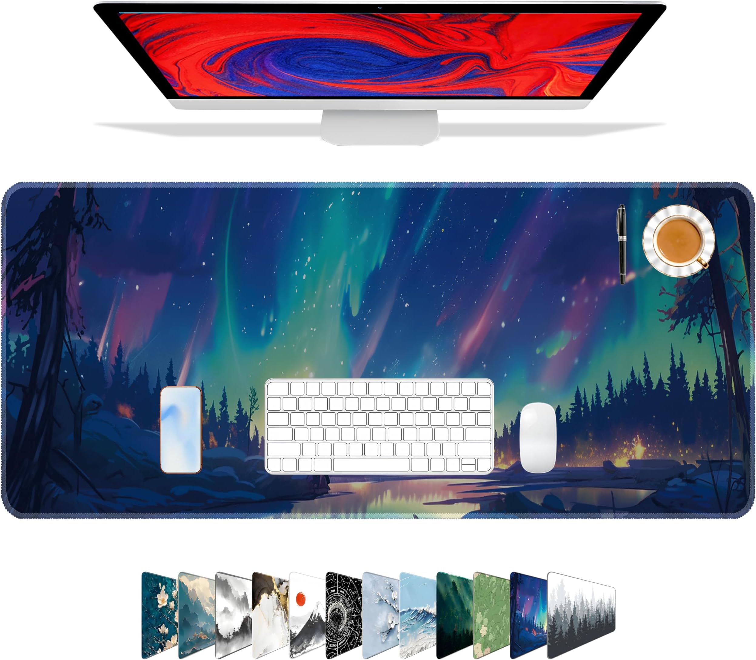 Galdas Mouse Pad for Gaming,Aurora Background Pattern XXL XL Large Mouse Mat Long Extended Mousepad Desk Mat Non-Slip Rubber Mice Pads Stitched Edges Thin (31.5 x 11.8 x 0.12 Inches)