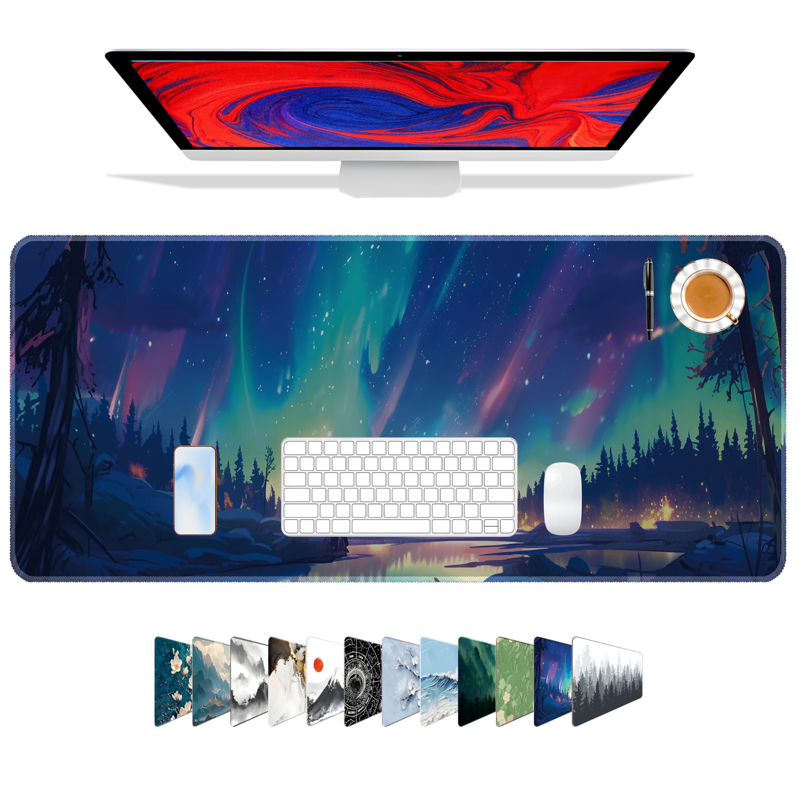 Galdas Mouse Pad for Gaming,Aurora Background Pattern XXL XL Large Mouse Mat Long Extended Mousepad Desk Mat Non-Slip Rubber Mice Pads Stitched Edges Thin (31.5 x 11.8 x 0.12 Inches)