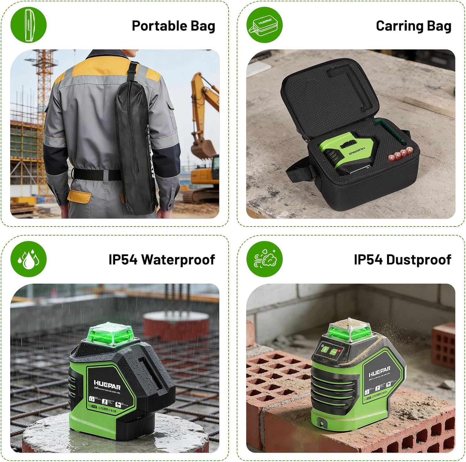 Laser Level with Tripod 60 Inch, Huepar Self Leveling Laser Level with 2 Plumb Dots -Green Cross Line Laser Leveler Tool with 360° Horizontal and 140° Vertical Line for Construction & Home Use 621CGT