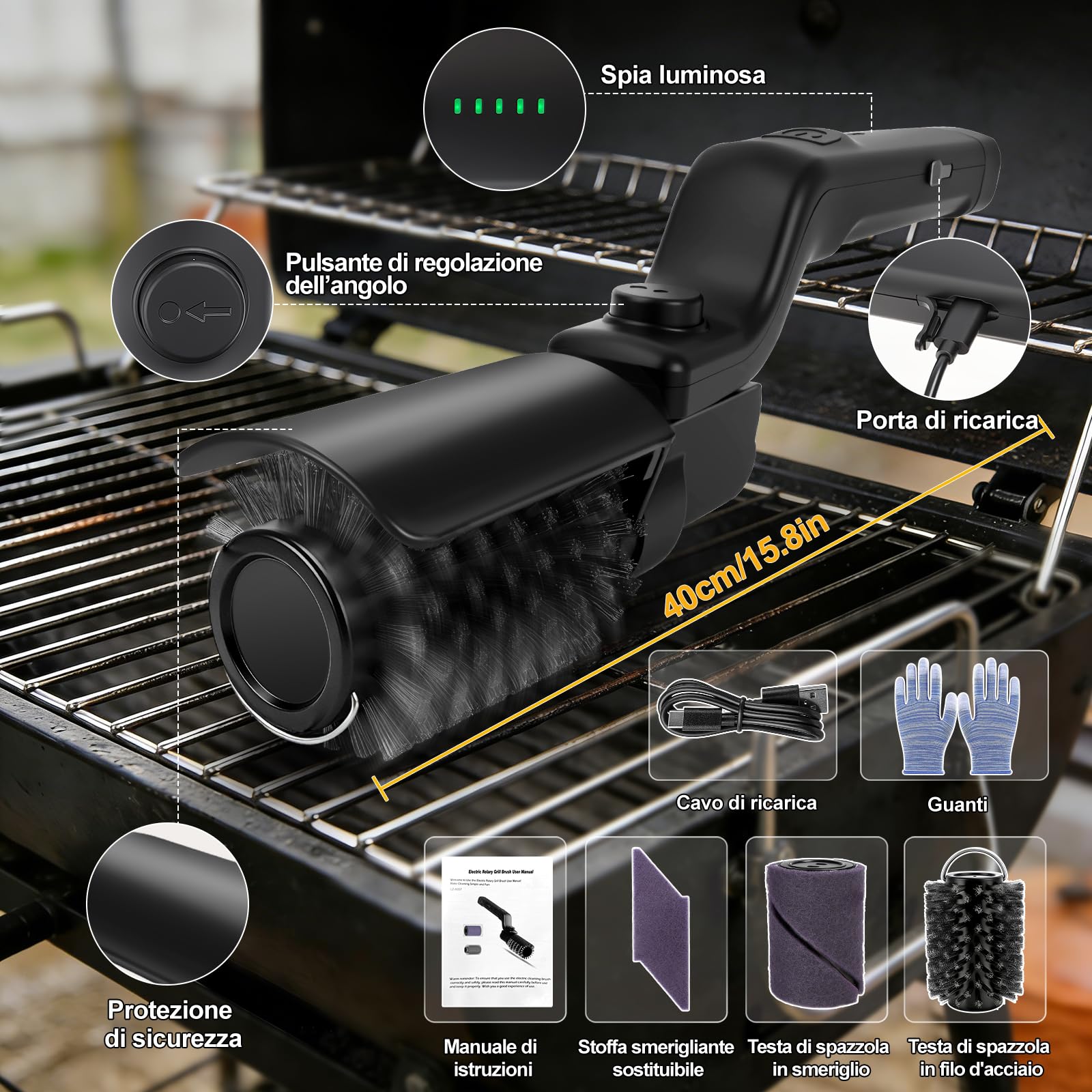 Spazzola Barbecue Elettrica 2-In-1, 400 Giri/Min Ricaricabile con Testine Intercambiabili