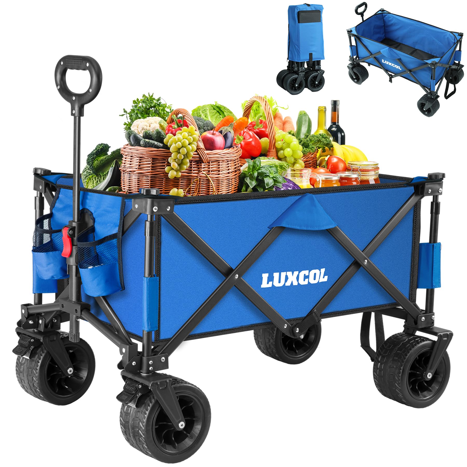Folding Wagon, Heavy Duty Utility Beach Wagon Cart for Sand with Big Wheels, Adjustable Handle&Drink Holders for Shopping, Camping,Garden and Outdoor