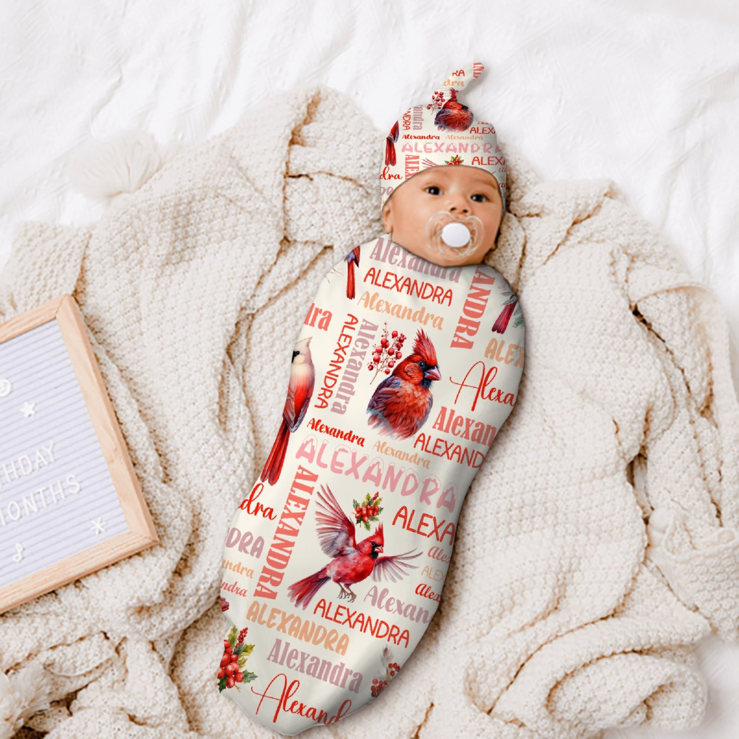 Personalized Baby Swaddle Blanket & Hat Set for Boys Girls, Customized Newborn Gifts, Custom Bird Receiving Blanket with Name, Ultra Soft Nursery Swaddle Wrap, Swaddling Sleeping Sacks