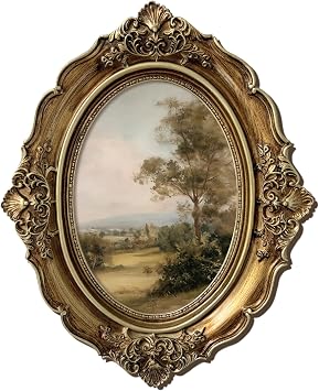 XIAOAIKA Vintage Baroque Oval Framed Canvas Art, Landscape Countryside Scene with 3D Embossed Details, Antique Bronze Gold Resin Frame for Living Room Bedroom Entryway Decor, 10 x 8 Inch
