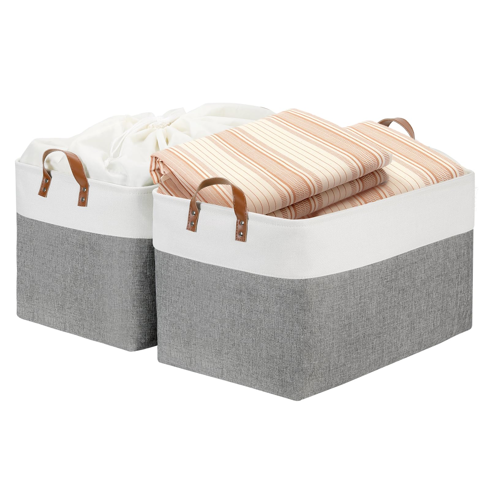 DULLEMELO Extra Large Storage Baskets for Organizing 22"x15"x13" Foldable Fabric Storage Baskets Organizer Bins with Handles Large Storage Basket for Shelves Closet Toys Books (White&Grey)