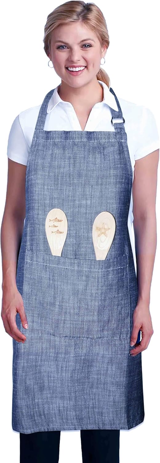 100% Cotton Chambray Apron with Pocket and Adjustable Neck with Long Ties Apron 25" X 31" for Women Men Chef Cooking, Baking, Gardening, Blue - Image 6