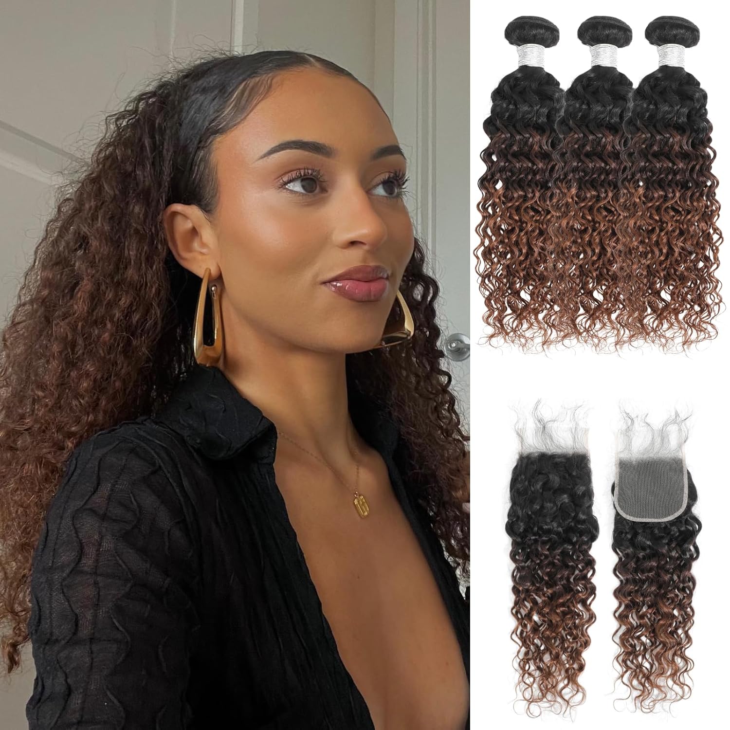 12A #1B/2/30 Ombre 3 Bundles with Closure Human Hair Water Wave 18/20/22+18, Colored Chestnut Brown Ombre Remy Hair Bundles and 4x4 HD Lace Closure Free Part Wet and Wavy Weave with Dark Roots