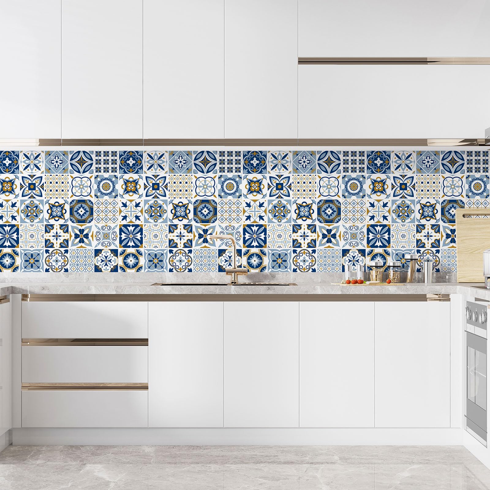Lumalea Adesivo per cucina, effetto piastrelle di cemento, 3617681703617, adesivo + protezione lucida, 90 x 90 cm