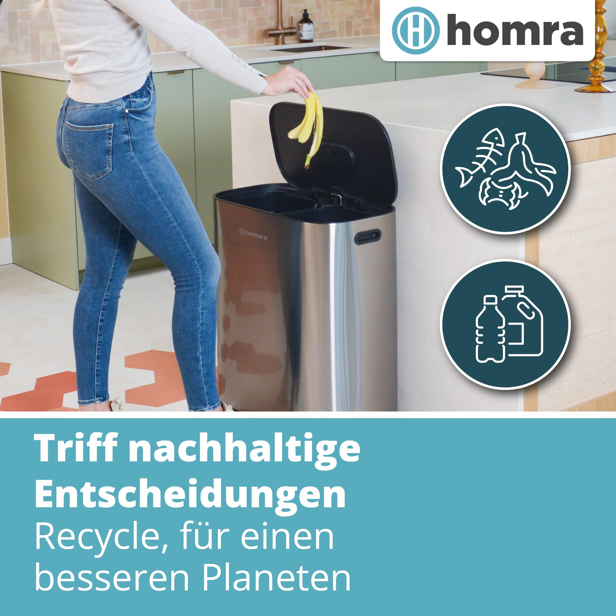 Homra Mülleimer 2 Fächer 2x30l Rockx | Abfalleimer Küche 60 Liter | Treteimer aus Edelstahl | Doppelmülleimer mit Inneneimern | Tretmülleimer 2 Fach | Trash Can Softclose | Edelstahl matt