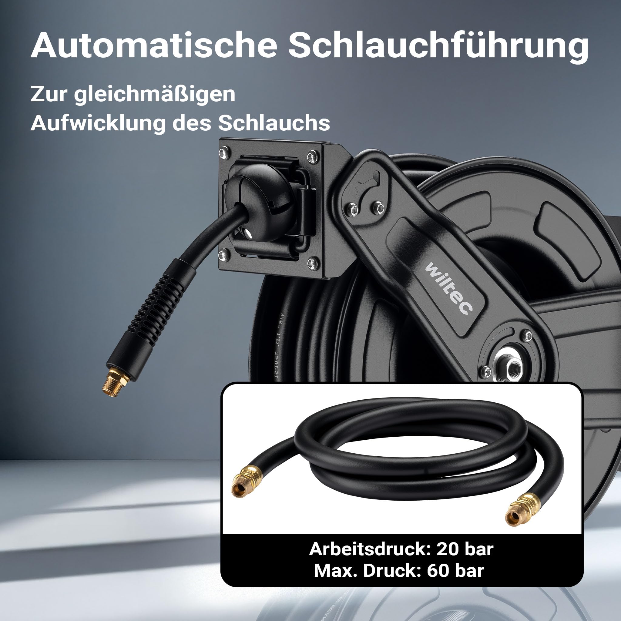 Wiltec Druckluft Schlauchtrommel 20 m, automatische Druckluftschlauchtrommel Stahl, 20 bar Drucklufttrommel, Schlauchaufroller einfache Montage