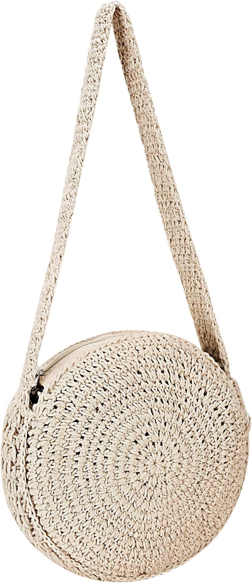 Trend Overseas Handwoven Crochet Craft Women/Girl Ivory (Off-White) Round Macrame Straw Bag Summer Beach Tote Handbags Handle Shoulder Bag