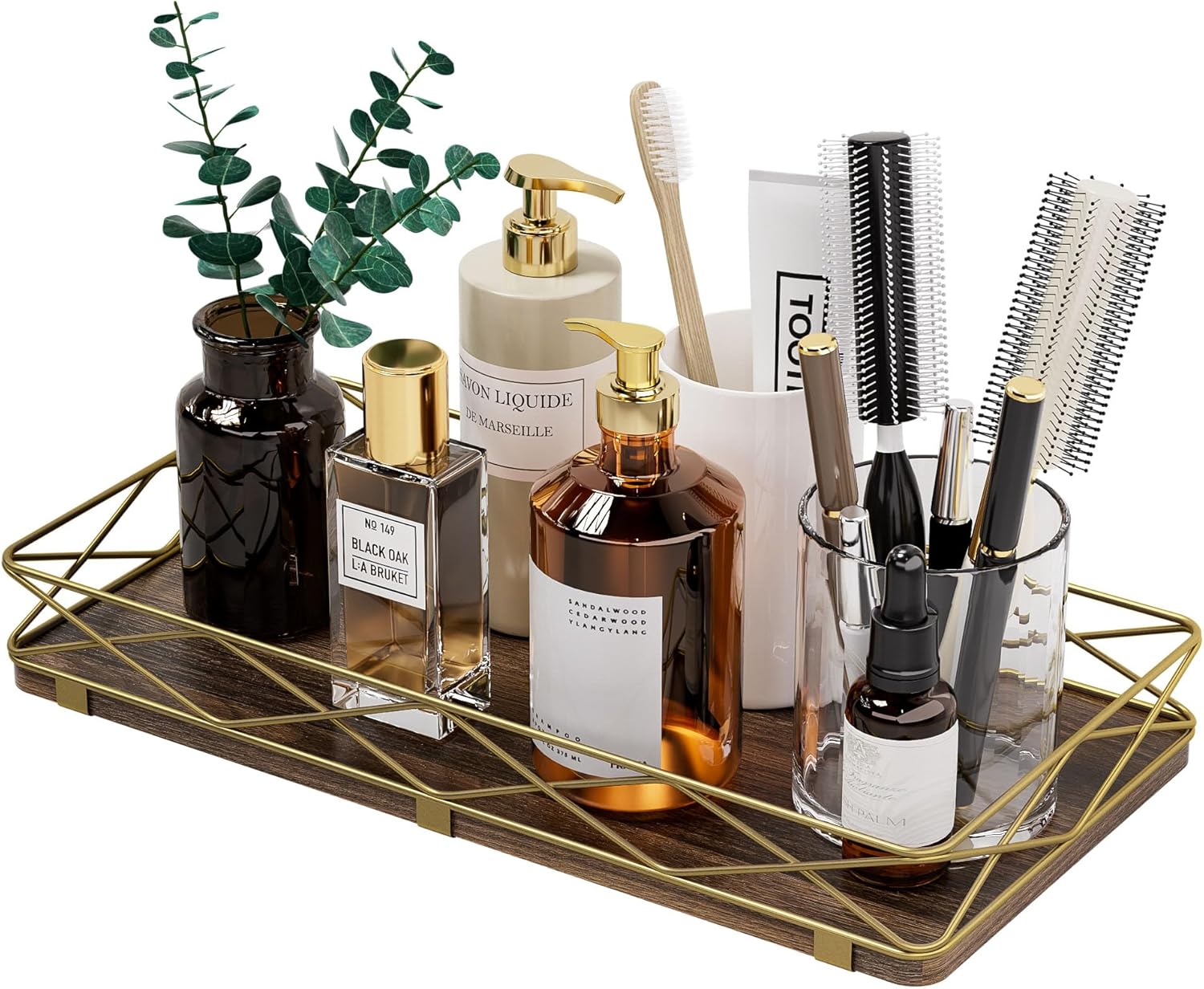 Toilet Paper Basket Holder, 13" Bathroom Tray Countertop, Wood and Metal Toilet Tank Tray Bathroom Vanity Organizer for Toiletry, Kitchen Sink Organizer for Soap Dispenser (Brown+Gold) - Image 9