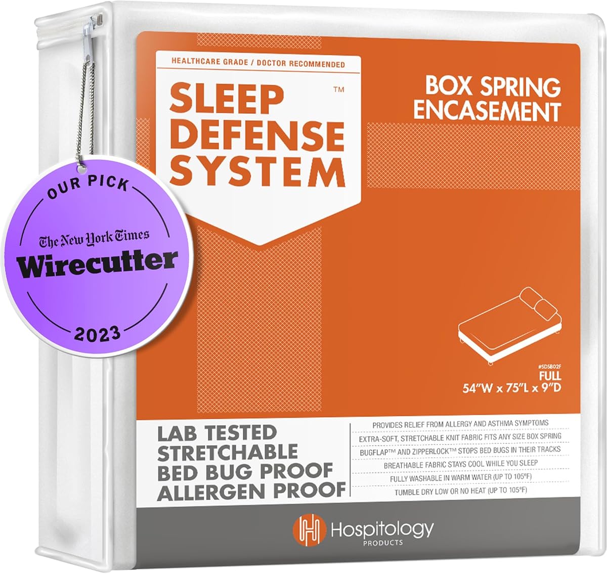 HOSPITOLOGY PRODUCTS Box Spring Encasement - Zippered Bed Bug Dust Mite Proof Hypoallergenic - Sleep Defense System - Full/Double –54" W x 75" L