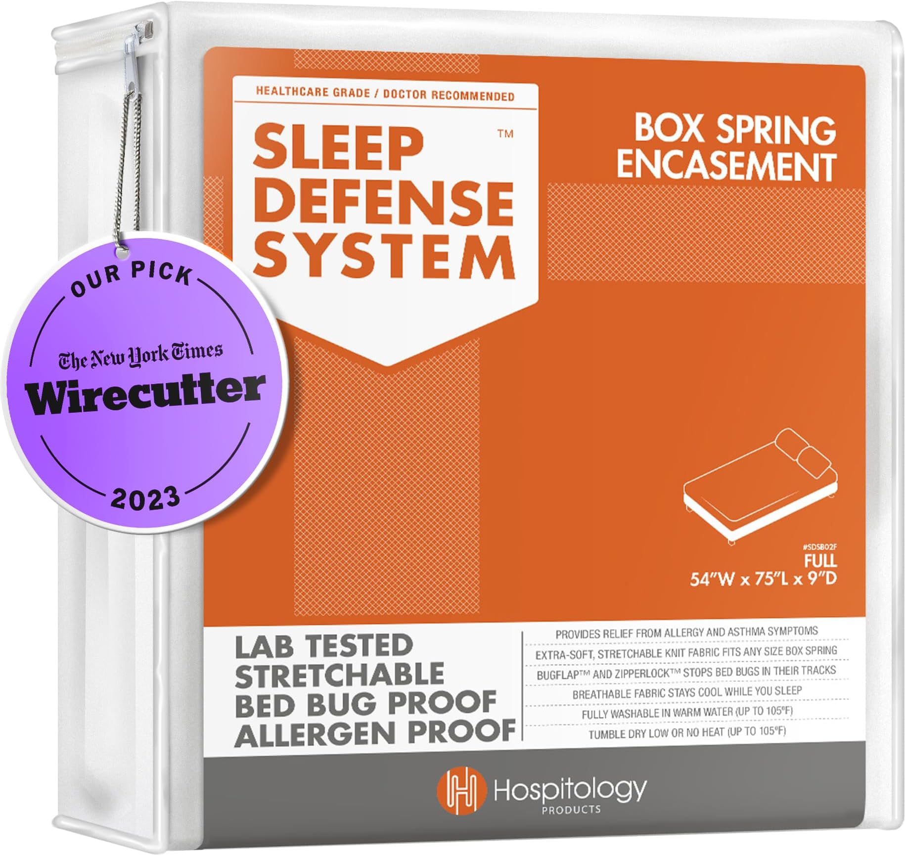 HOSPITOLOGY PRODUCTS Box Spring Encasement - Zippered Bed Bug Dust Mite Proof Hypoallergenic - Sleep Defense System - Full/Double –54" W x 75" L