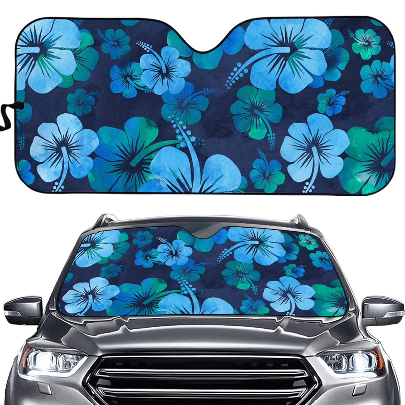 FUSURIRE Blue Hibiscus Flower Design Auto Front Window Sun Shade for Car Sedan Van SUV Truck - Bubble Foil Jumbo Folding Accordion for Windshield