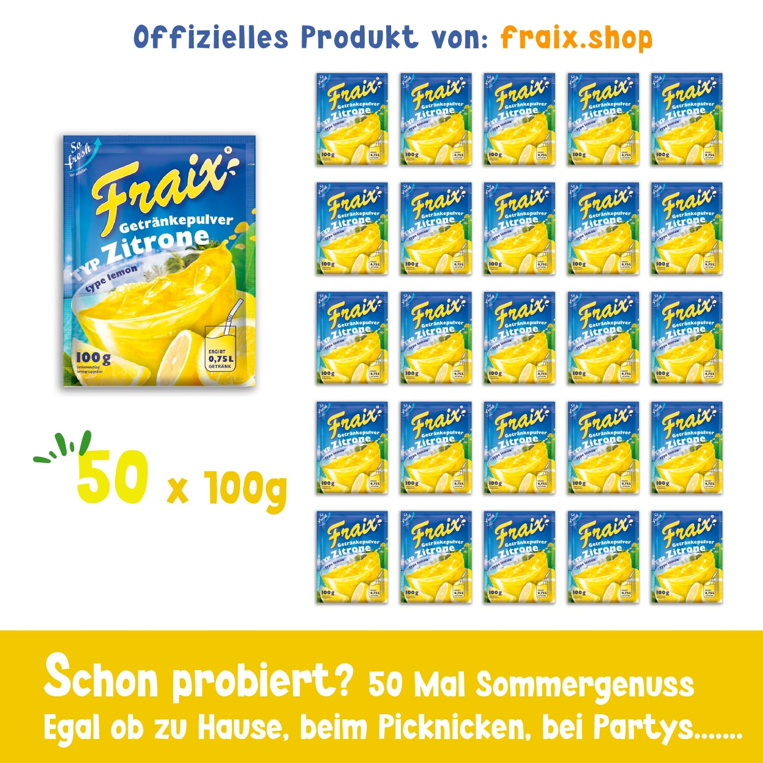 FRAIX Cytrusowy proszek do napojów, 50 sztuk (50 x 100 g), proszek owocowy o smaku cytrusowym, idealny na podróż, przyjęcie urodzinowe