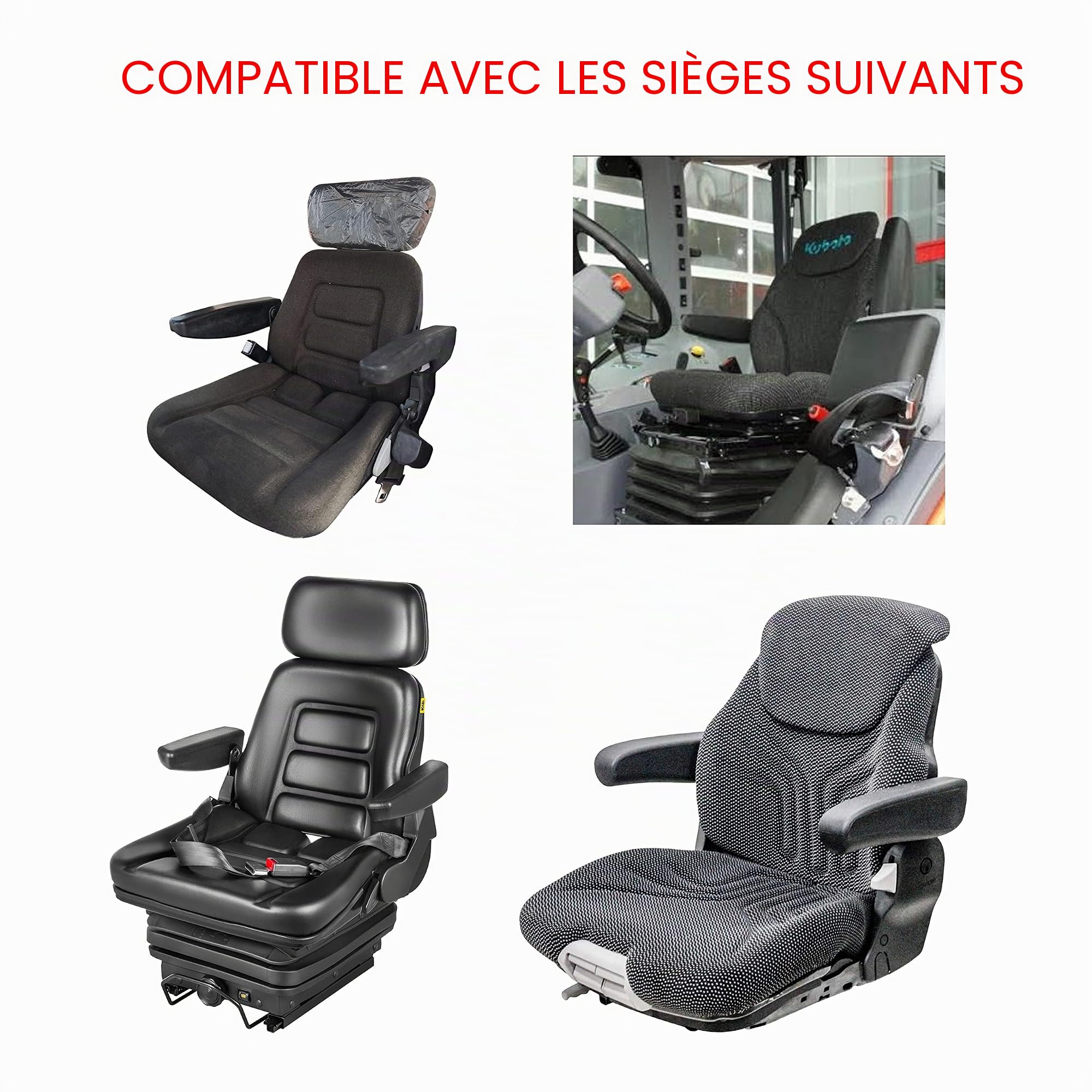 Ensemble de trois Housses de siège ultra-résistantes universelles pour tracteur avec appui-tête, Housse de siège pour chariot élévateur (Cuir Noir Kapitoné)